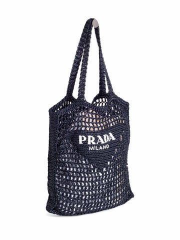 Prada Logo Raffia Woven Tote Bag Black White