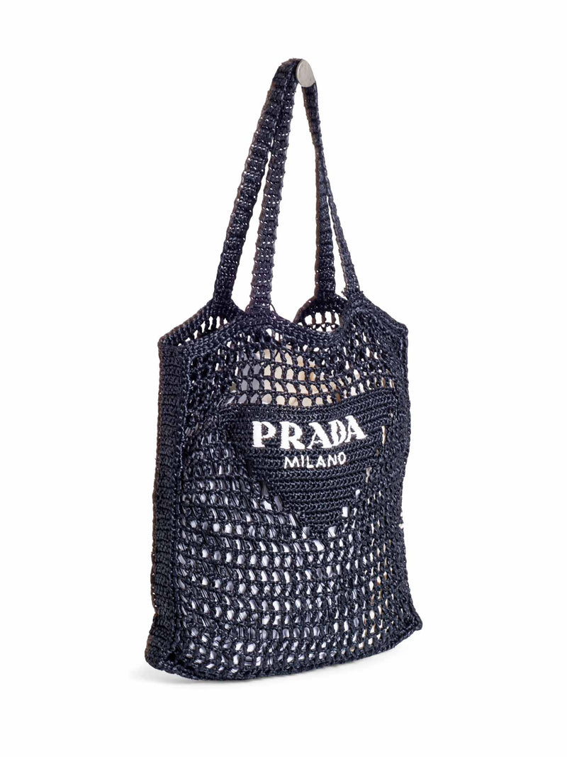 Prada Logo Raffia Woven Tote Bag Black White