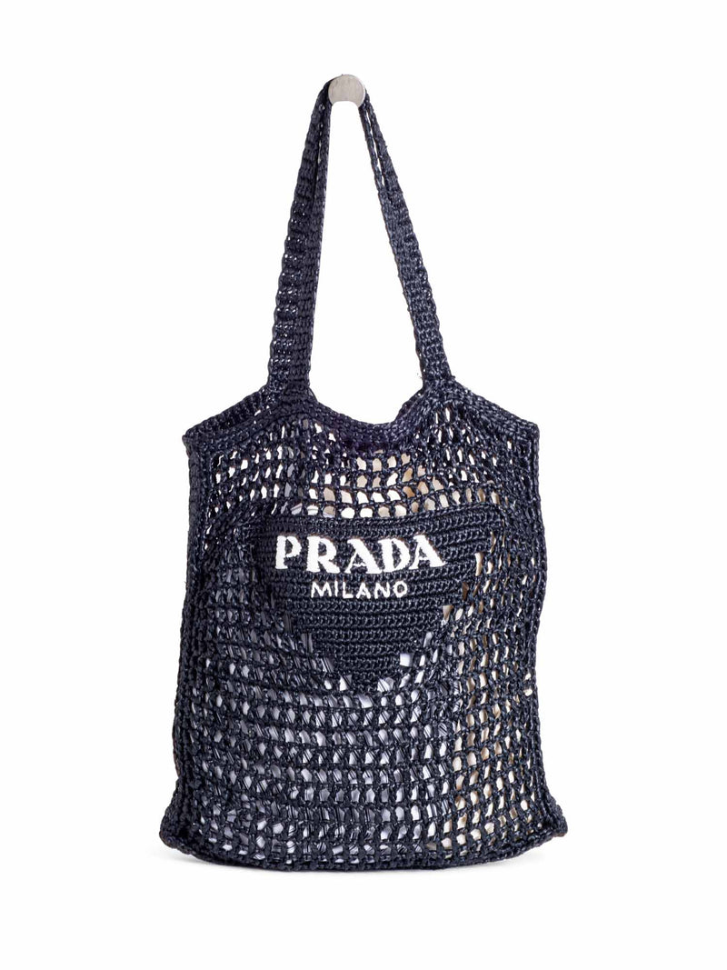 Prada Logo Raffia Woven Tote Bag Black White