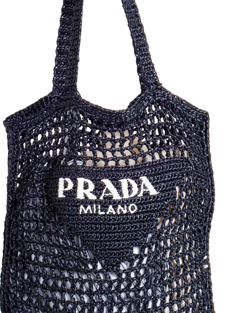 Prada Logo Raffia Woven Tote Bag Black White