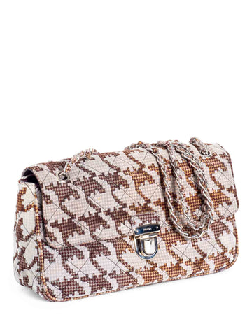 Prada Logo Houndstooth Quilted Messenger Bag Brown White