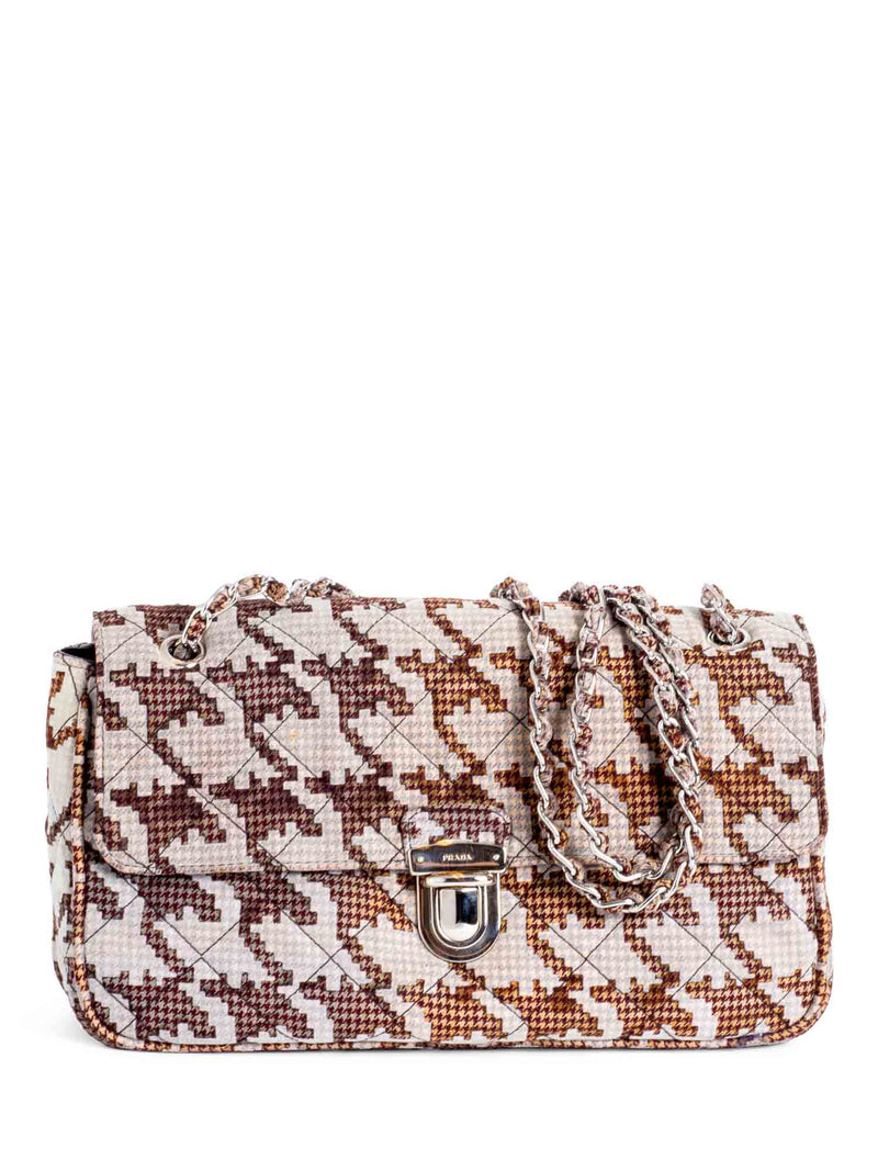 Prada Logo Houndstooth Quilted Messenger Bag Brown White