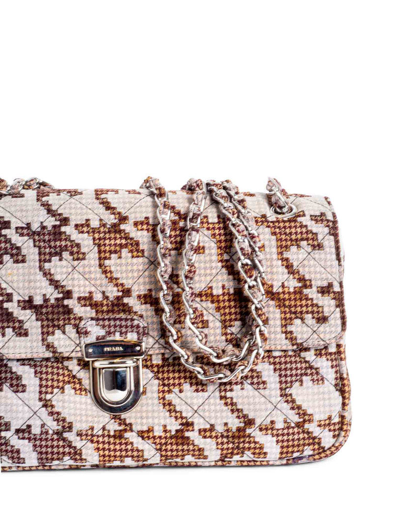 Prada Logo Houndstooth Quilted Messenger Bag Brown White