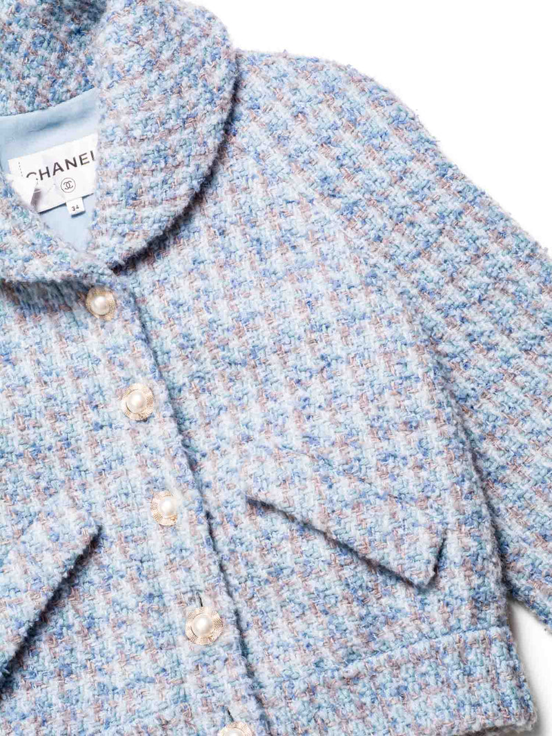 CHANEL CC Logo Fantasy Tweed Pearl Buttons Jacket Blue