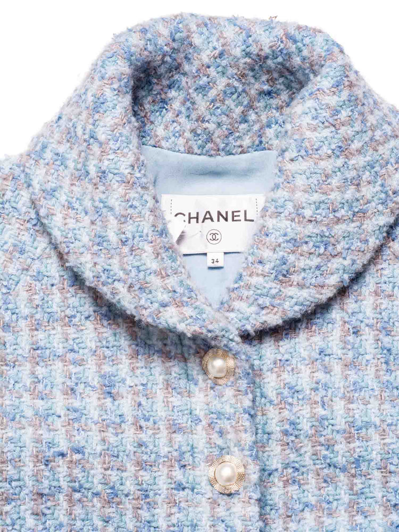 CHANEL CC Logo Fantasy Tweed Pearl Buttons Jacket Blue