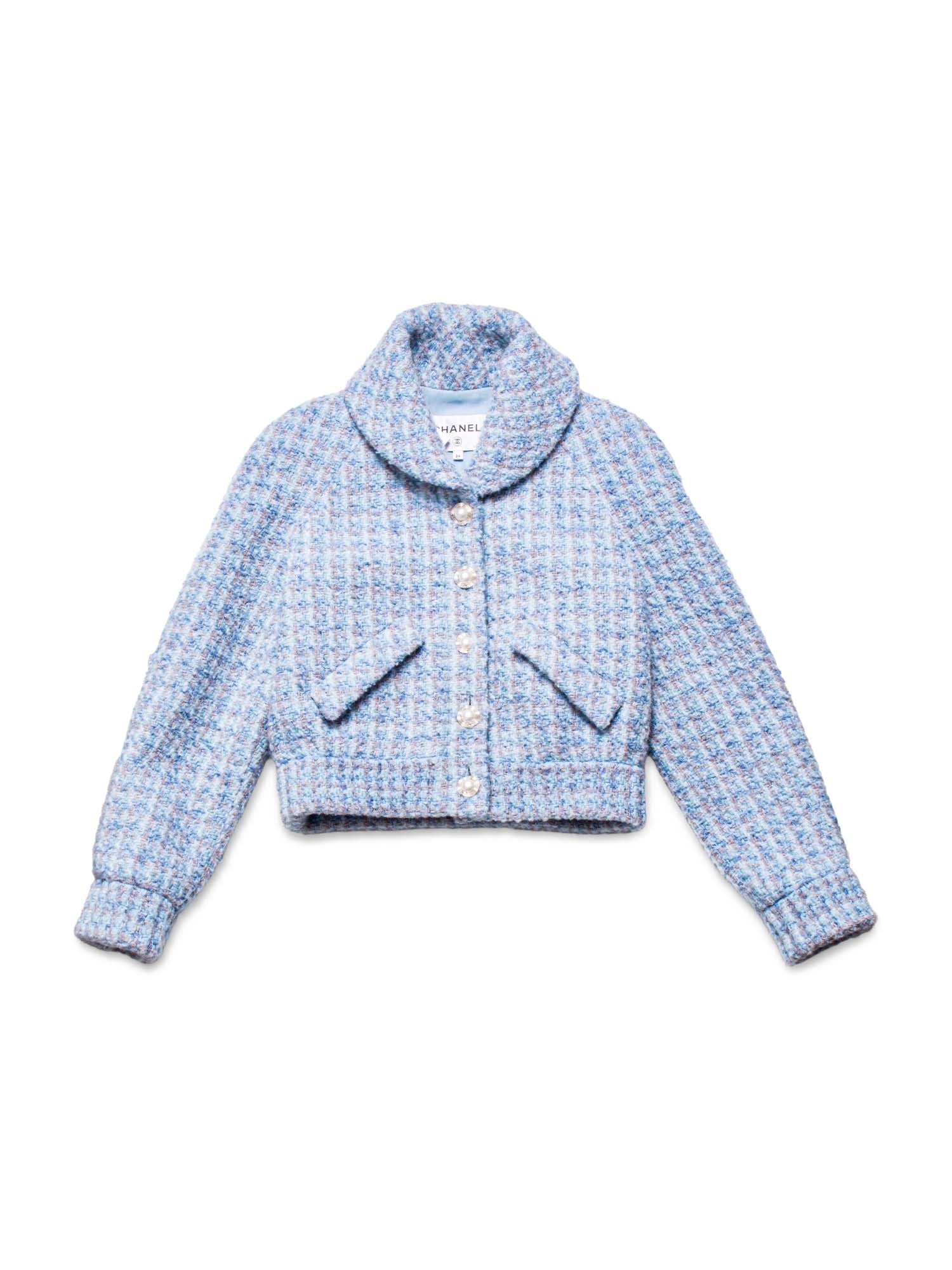 CHANEL CC Logo Fantasy Tweed Pearl Buttons Jacket Blue