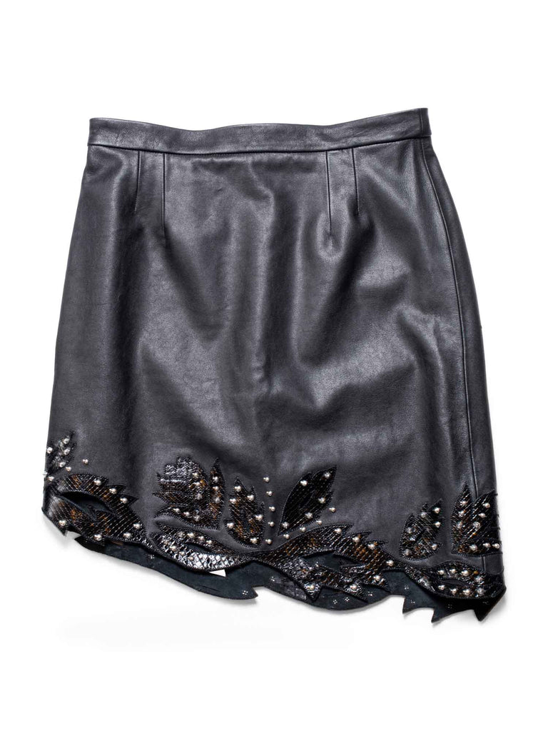 Gucci Lambskin Leather Snakeskin Floral Studded Mini Skirt Black