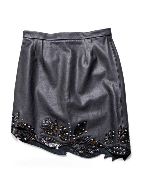 Gucci Lambskin Leather Snakeskin Floral Studded Mini Skirt Black