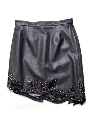 Gucci Lambskin Leather Snakeskin Floral Studded Mini Skirt Black
