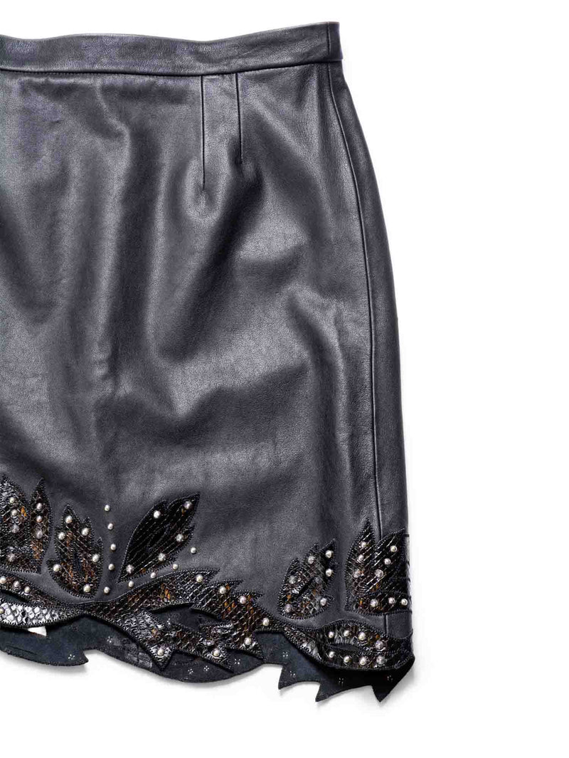 Gucci Lambskin Leather Snakeskin Floral Studded Mini Skirt Black