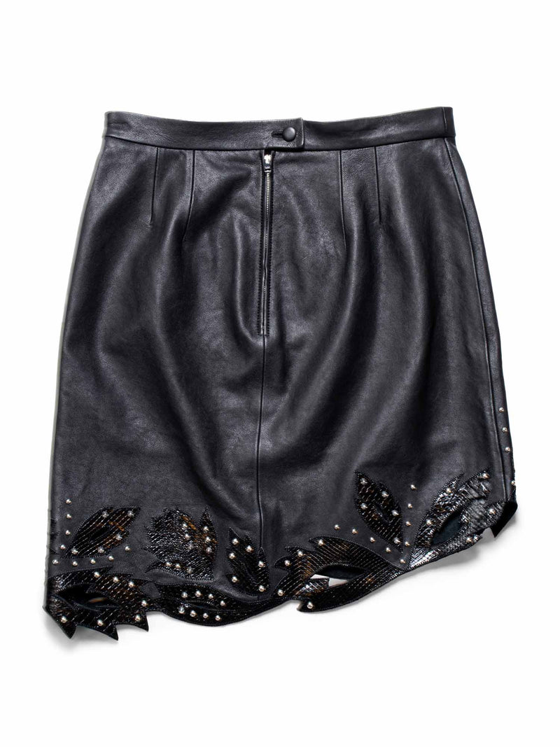 Gucci Lambskin Leather Snakeskin Floral Studded Mini Skirt Black