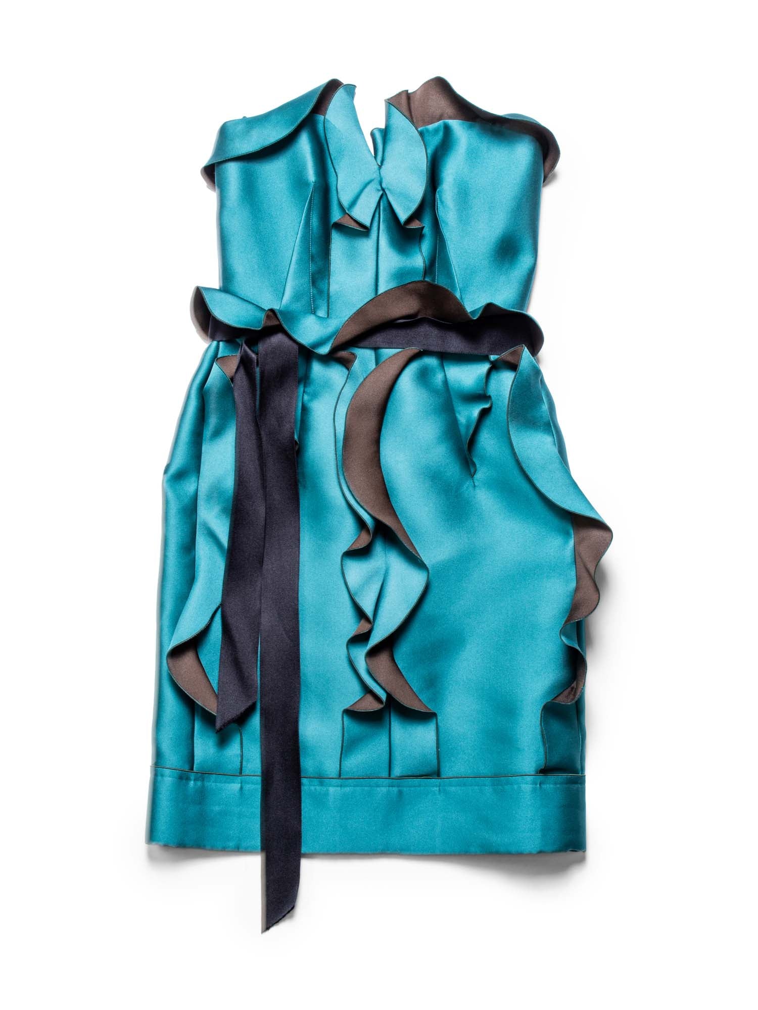 Lanvin Runway Silk Ruffled Fitted Belted Dress Aqua Green