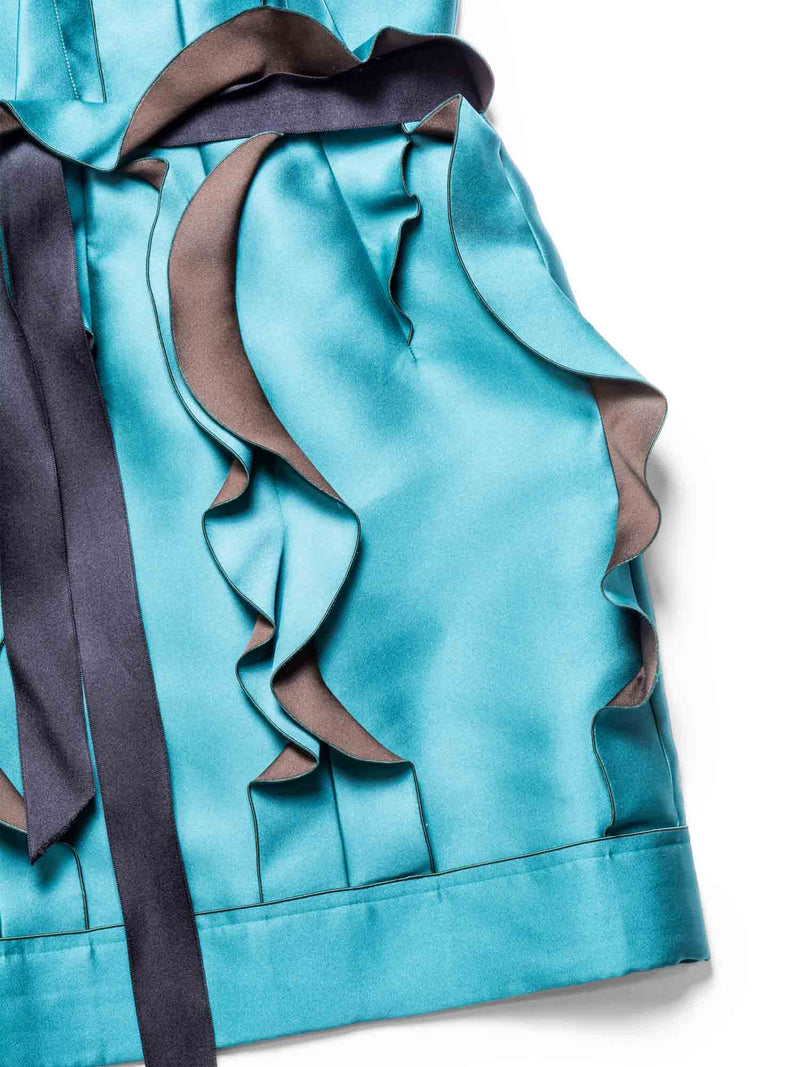 Lanvin Runway Silk Ruffled Fitted Belted Dress Aqua Green