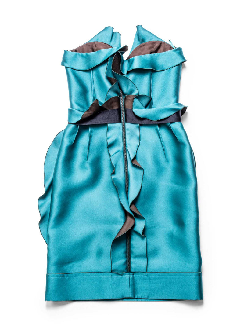 Lanvin Runway Silk Ruffled Fitted Belted Dress Aqua Green