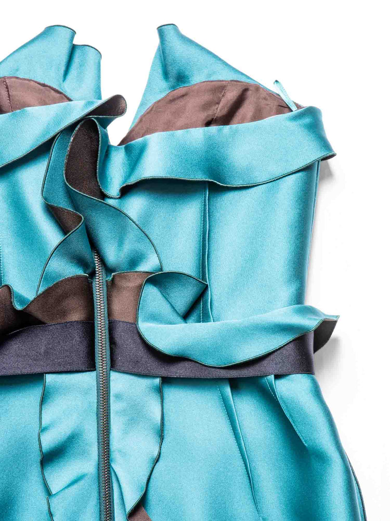 Lanvin Runway Silk Ruffled Fitted Belted Dress Aqua Green