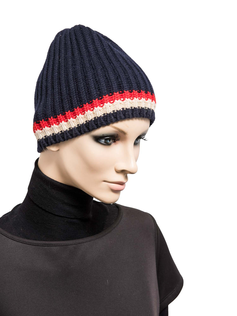 Moncler Wool Knit Striped Beanie Hat Navy Red Ivory