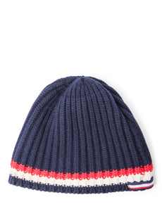 Moncler Wool Knit Striped Beanie Hat Navy Red Ivory