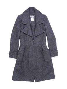 CHANEL Wool CC Logo Embroidered Belted Jacket Grey Black CHANEL Wool CC Logo Embroidered Belted Jacket Grey Black