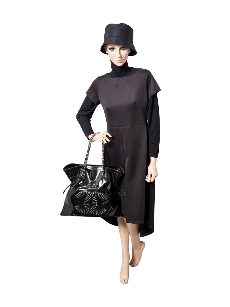 CHANEL CC Logo Crystals Patent Leather Shopper Bag Black