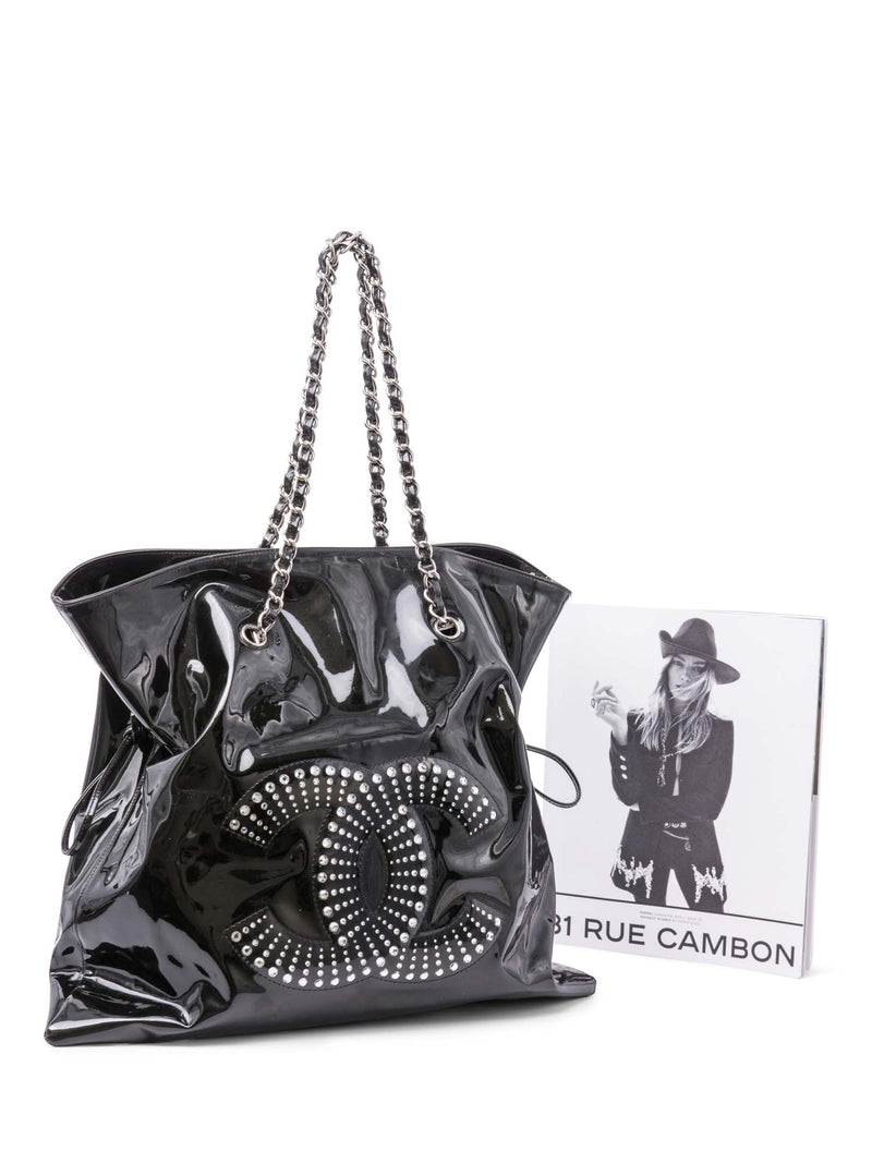 CHANEL CC Logo Crystals Patent Leather Shopper Bag Black