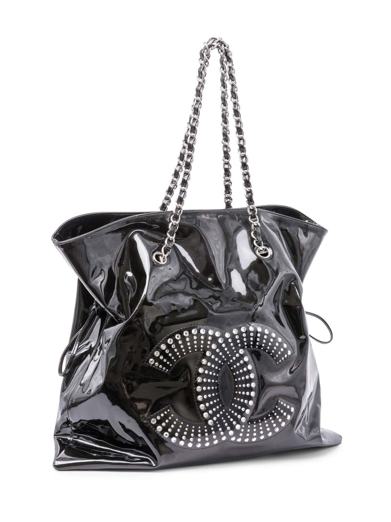 CHANEL CC Logo Crystals Patent Leather Shopper Bag Black