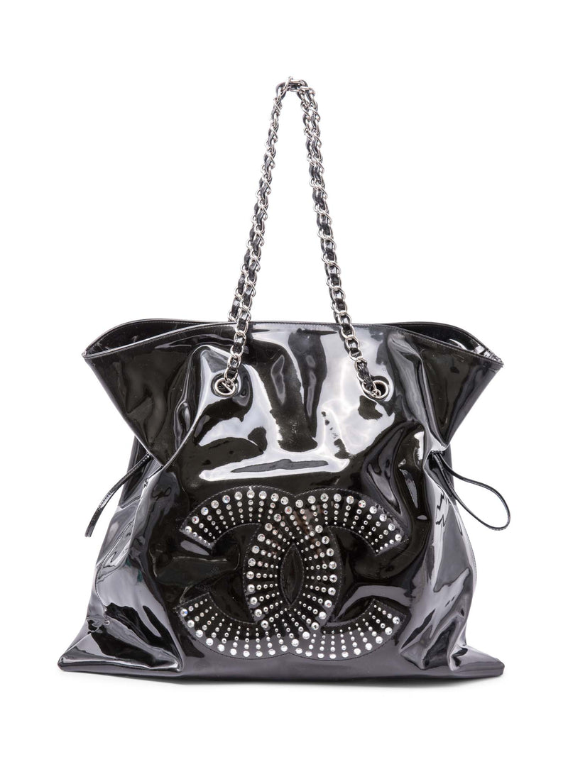 CHANEL CC Logo Crystals Patent Leather Shopper Bag Black
