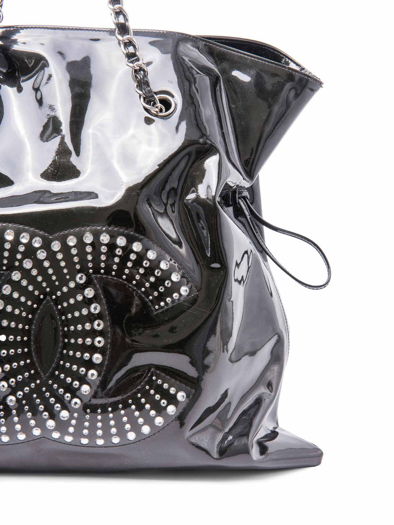 CHANEL CC Logo Crystals Patent Leather Shopper Bag Black