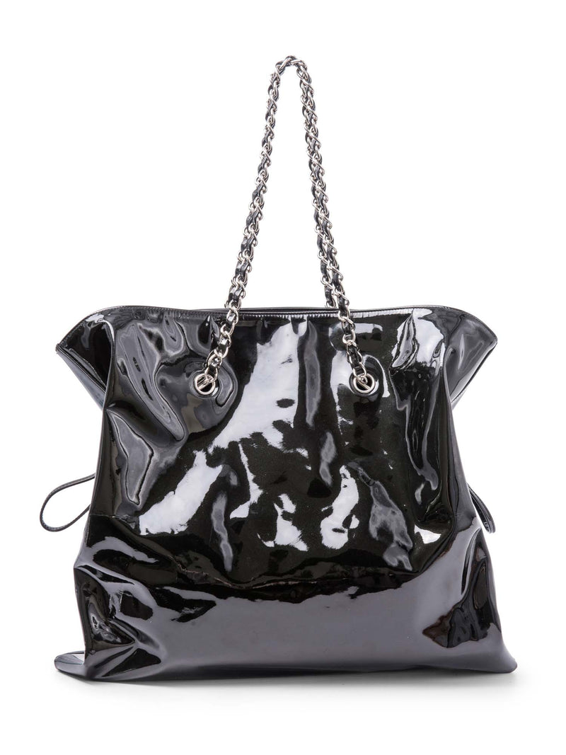 CHANEL CC Logo Crystals Patent Leather Shopper Bag Black