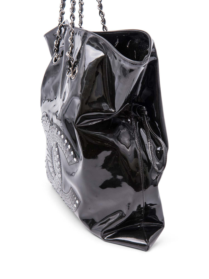 CHANEL CC Logo Crystals Patent Leather Shopper Bag Black