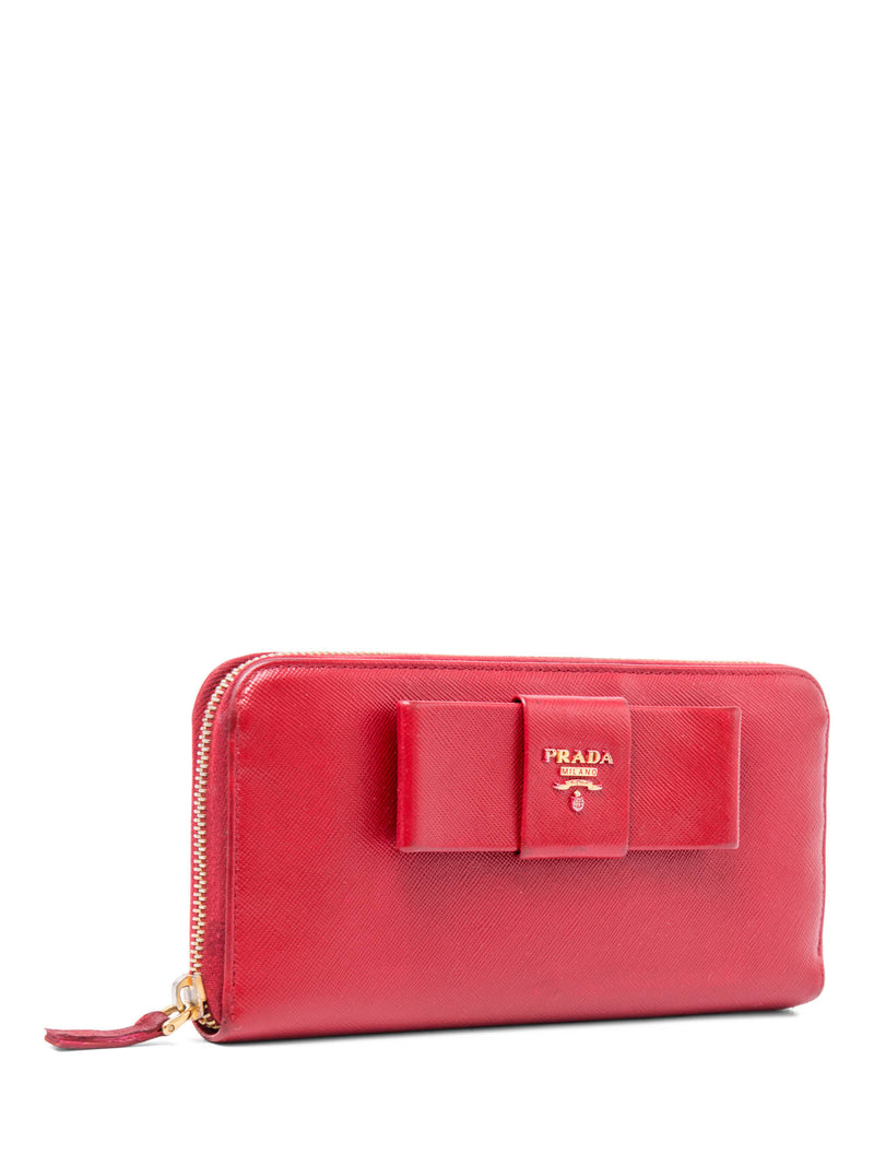 Prada Logo Saffiano Leather Bow Tie Zip Around Wallet Red