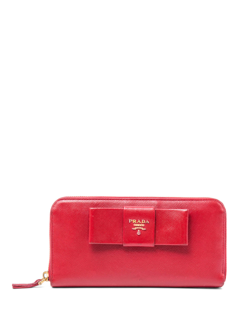Prada Logo Saffiano Leather Bow Tie Zip Around Wallet Red
