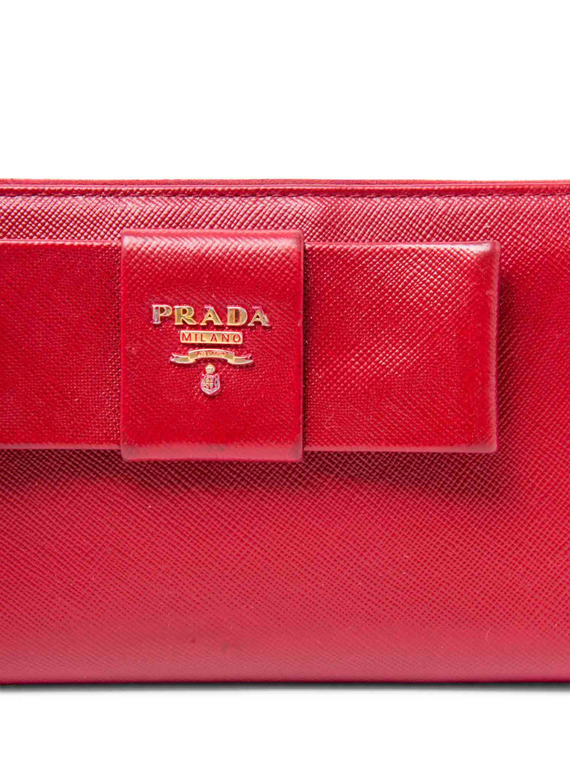 Prada Logo Saffiano Leather Bow Tie Zip Around Wallet Red