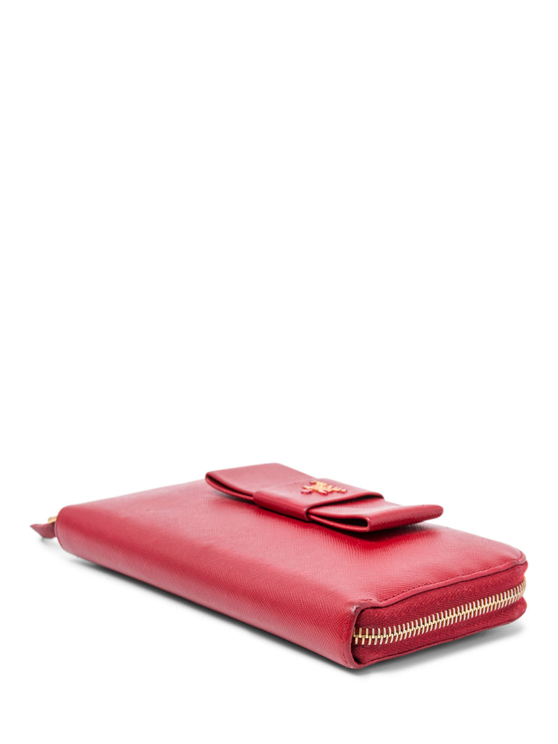 Prada Logo Saffiano Leather Bow Tie Zip Around Wallet Red