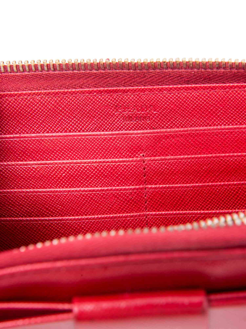 Prada Logo Saffiano Leather Bow Tie Zip Around Wallet Red