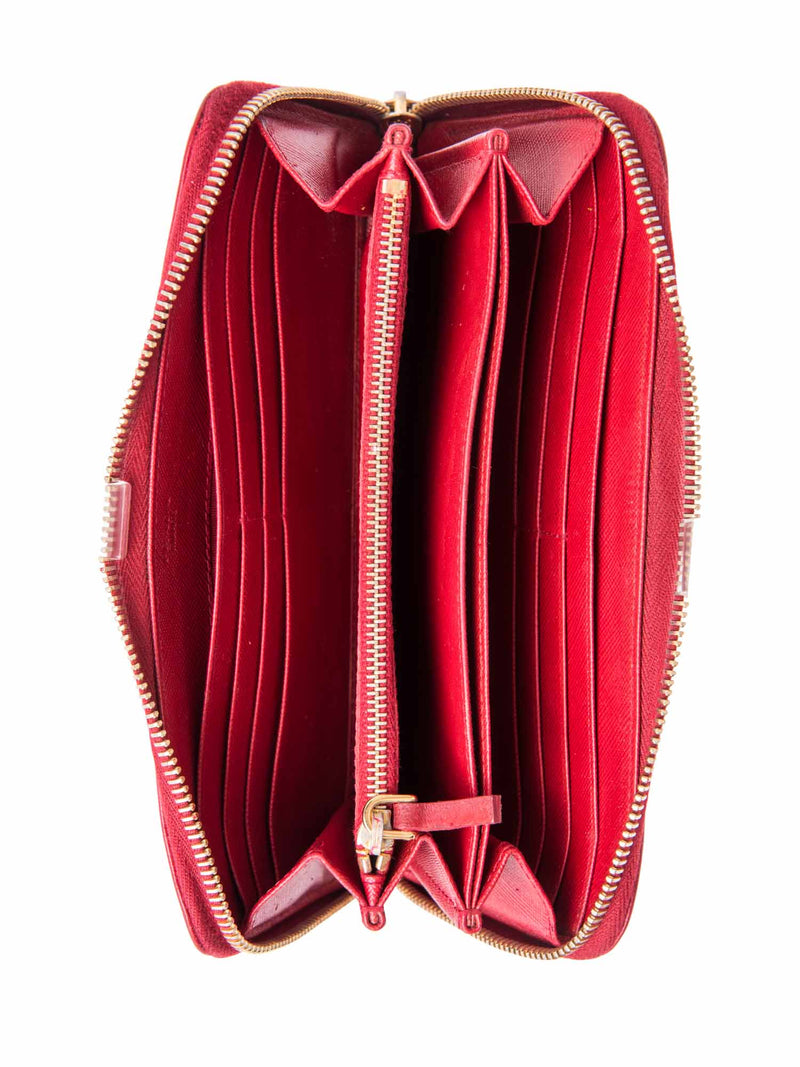Prada Logo Saffiano Leather Bow Tie Zip Around Wallet Red