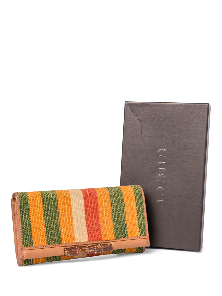 Gucci Logo Bamboo Rafia Flap Wallet Multicolor