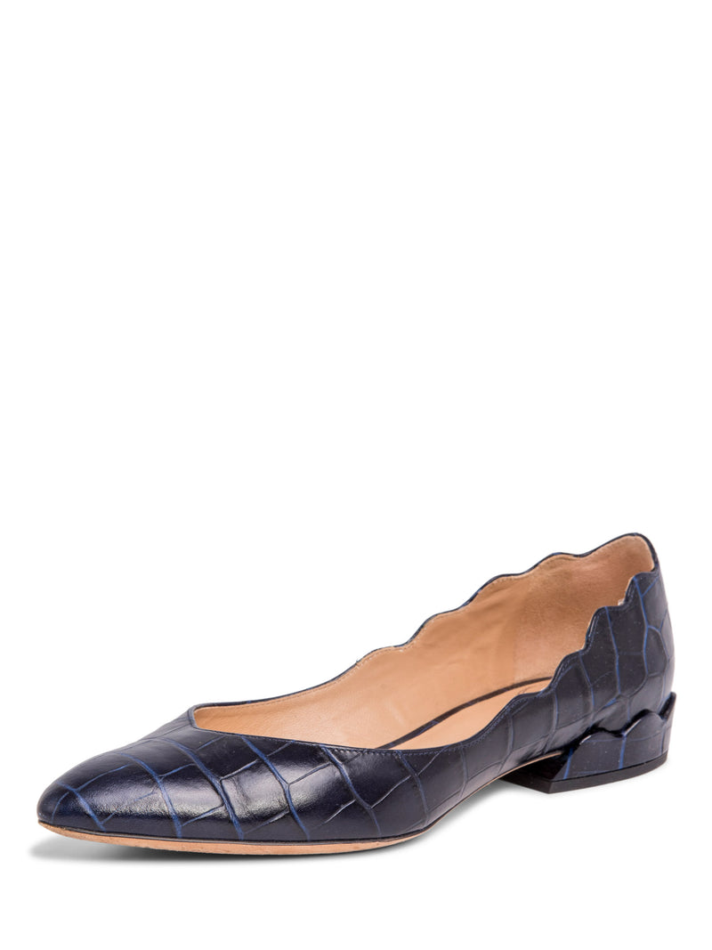 Chloe Croc Embossed Scalloped Pointed Toe Shoes Navy Blue