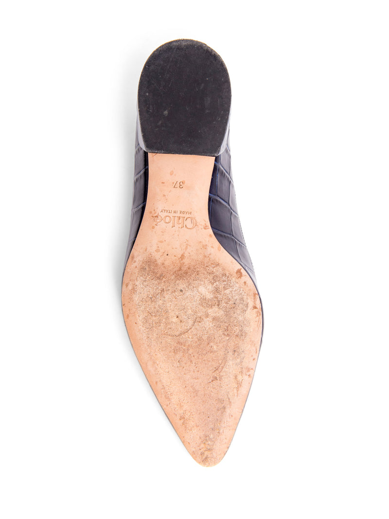 Chloe Croc Embossed Scalloped Pointed Toe Shoes Navy Blue