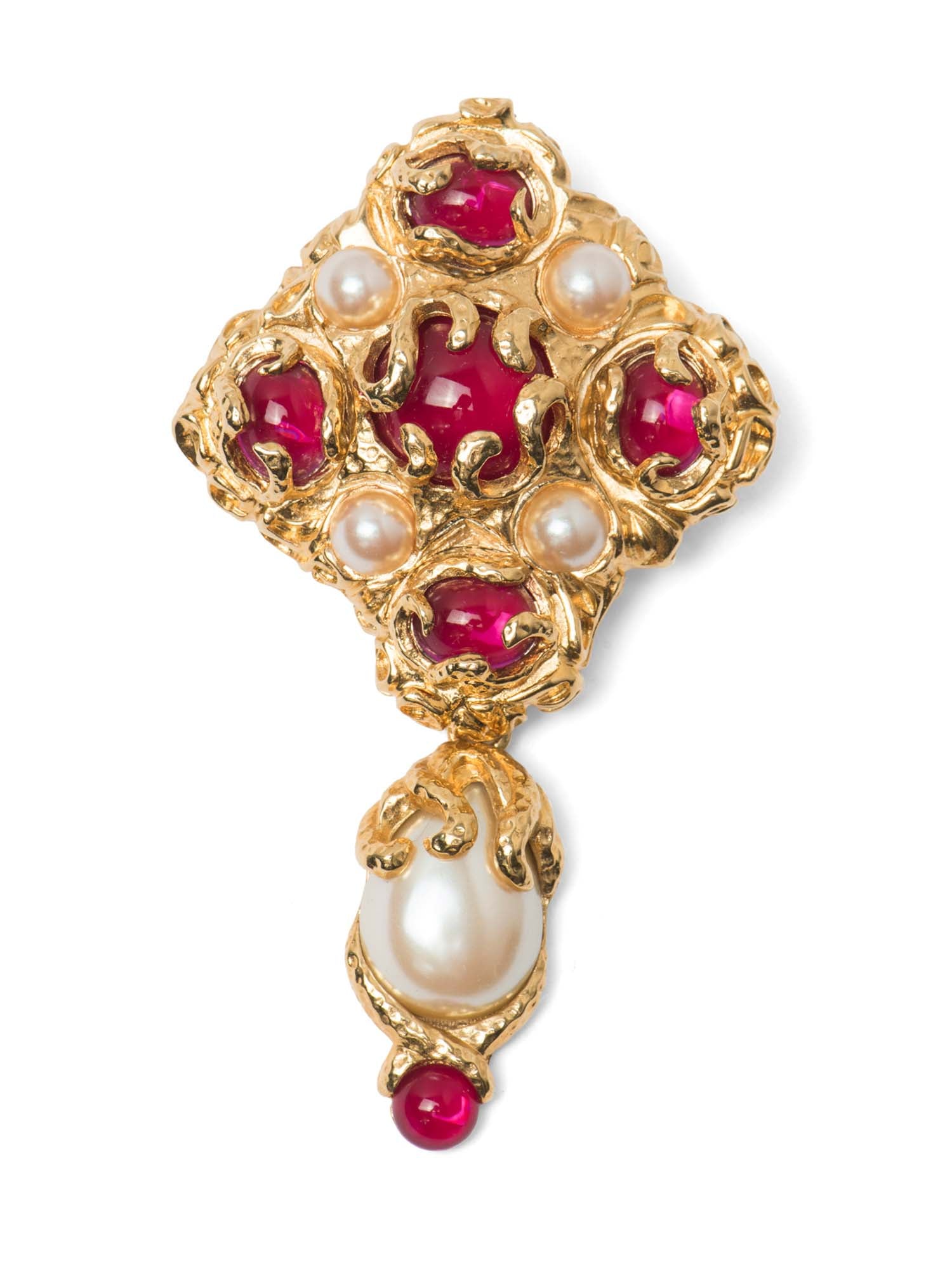 St. John Vintage 24K Gold Plated Gripoix Pearl Brooch Red