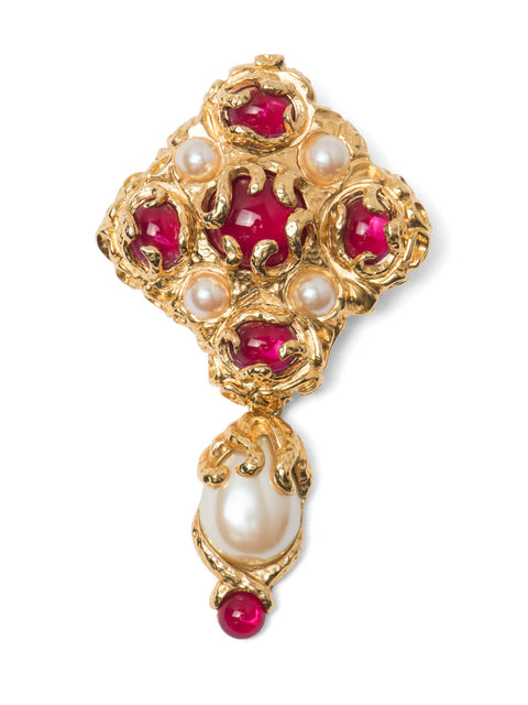 St. John Vintage 24K Gold Plated Gripoix Pearl Brooch Red