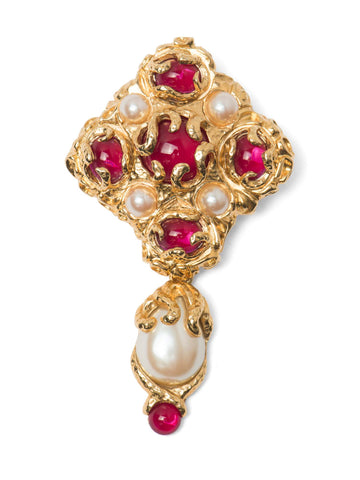 St. John Vintage 24K Gold Plated Gripoix Pearl Brooch Red