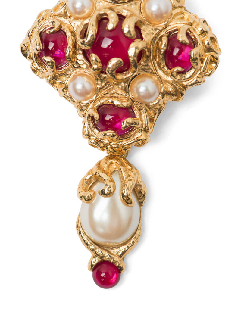 St. John Vintage 24K Gold Plated Gripoix Pearl Brooch Red