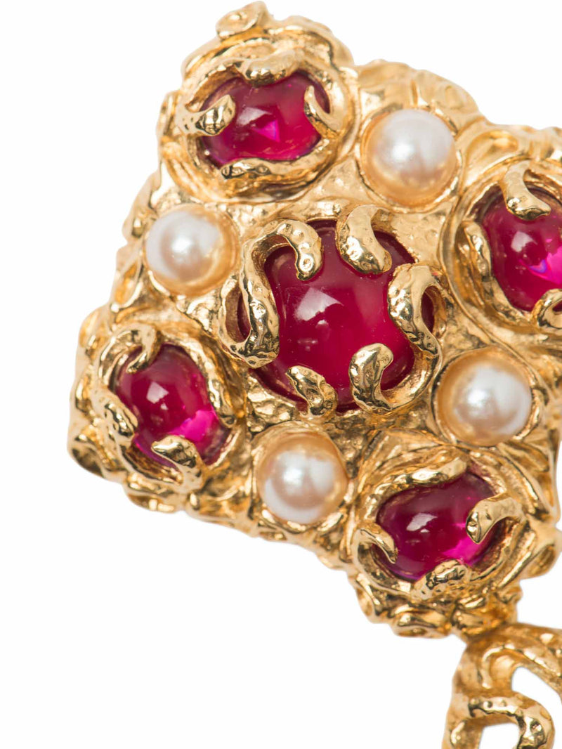 St. John Vintage 24K Gold Plated Gripoix Pearl Brooch Red