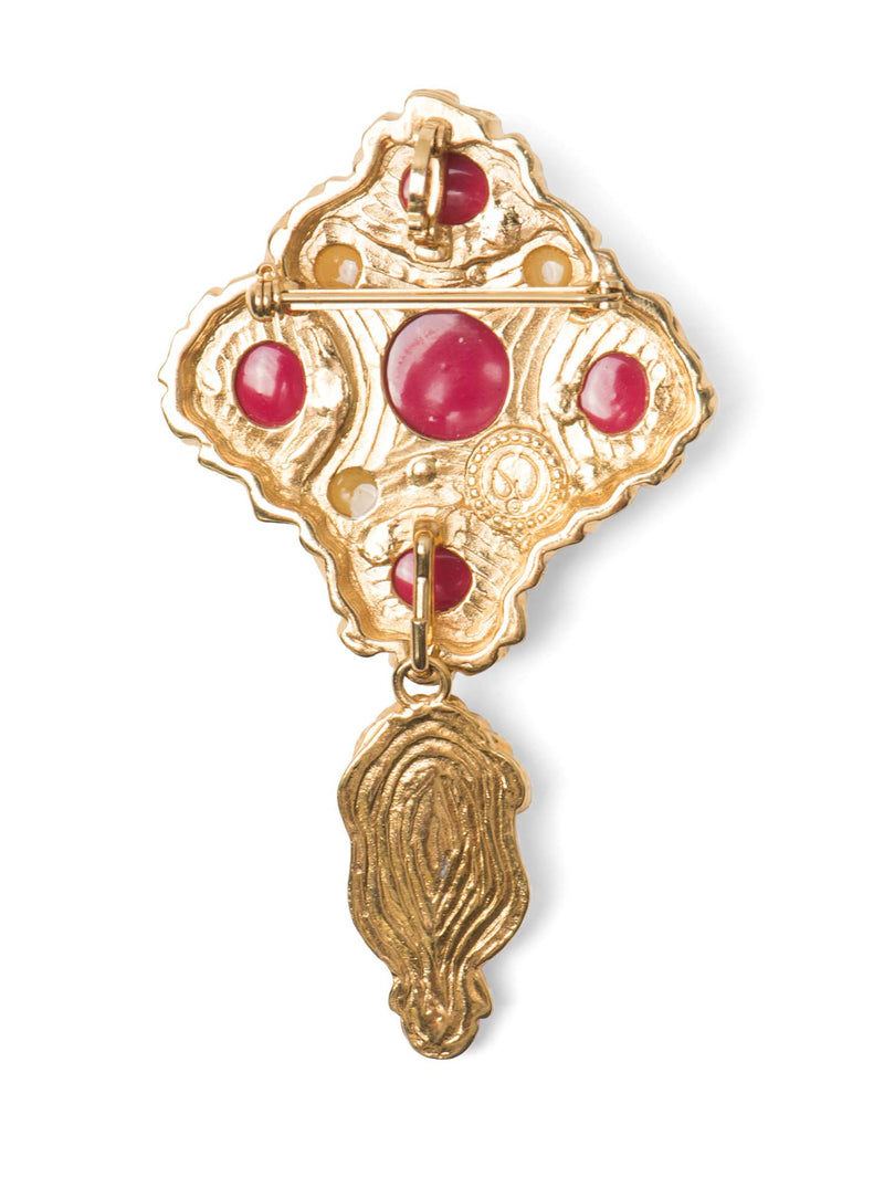St. John Vintage 24K Gold Plated Gripoix Pearl Brooch Red