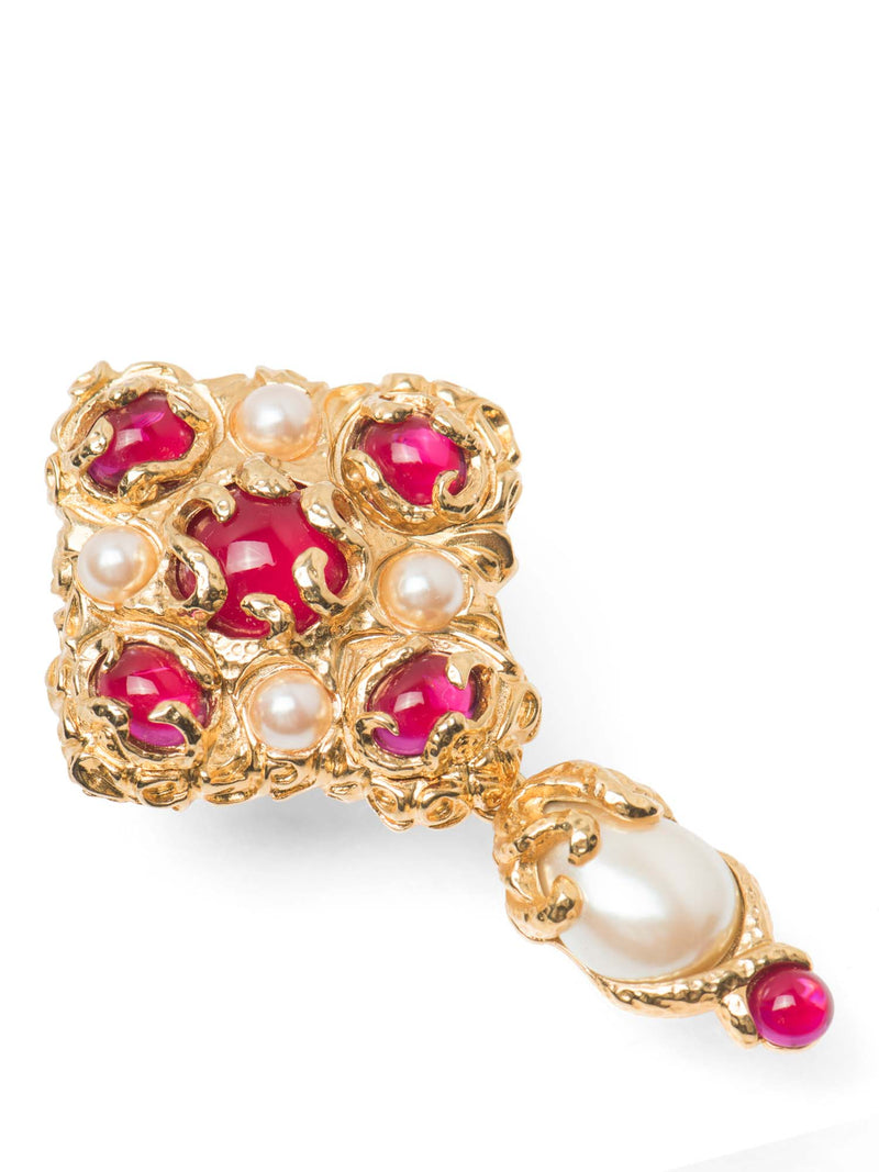 St. John Vintage 24K Gold Plated Gripoix Pearl Brooch Red