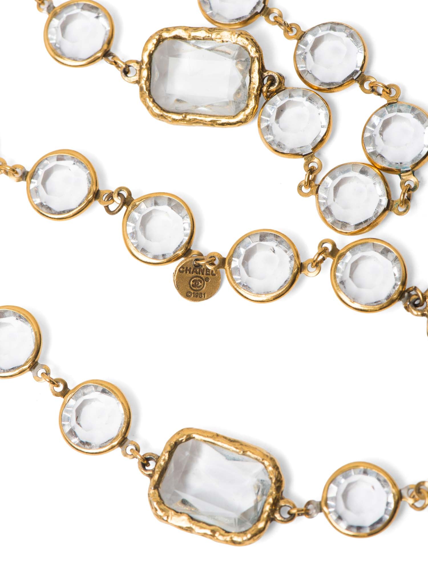 CHANEL 1981 24K Gold Plated Clear Cabochon Glass Long Necklace