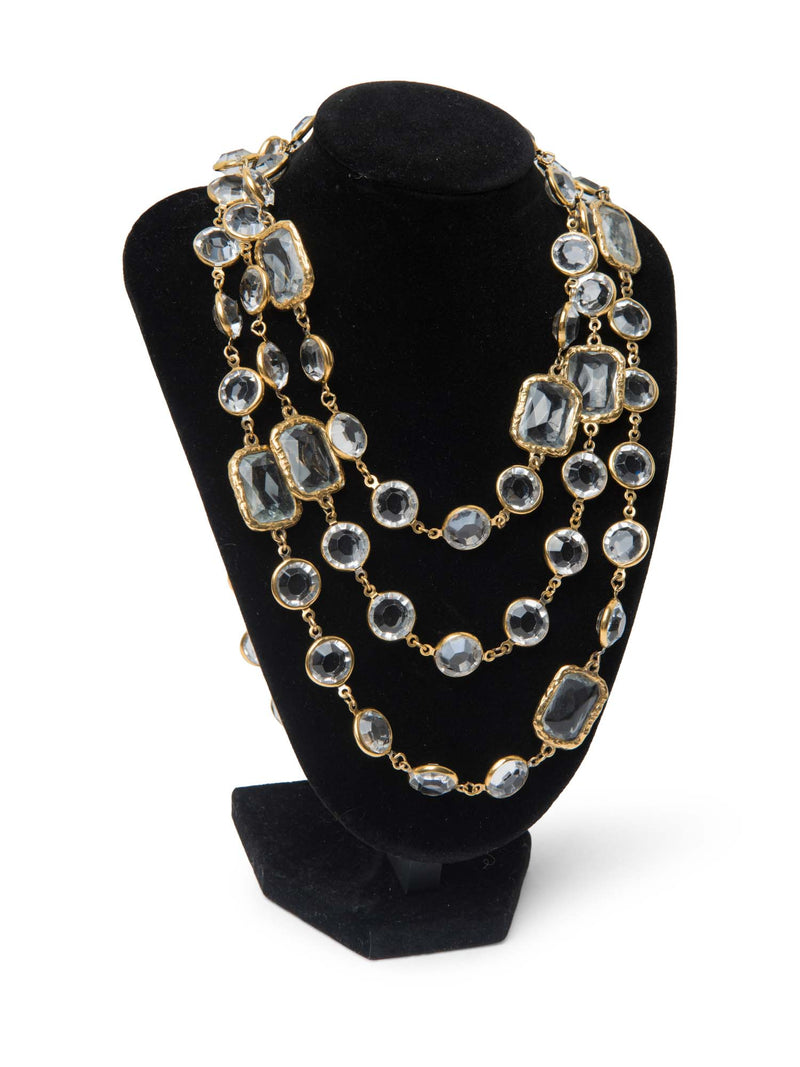 CHANEL 1981 24K Gold Plated Clear Cabochon Glass Long Necklace