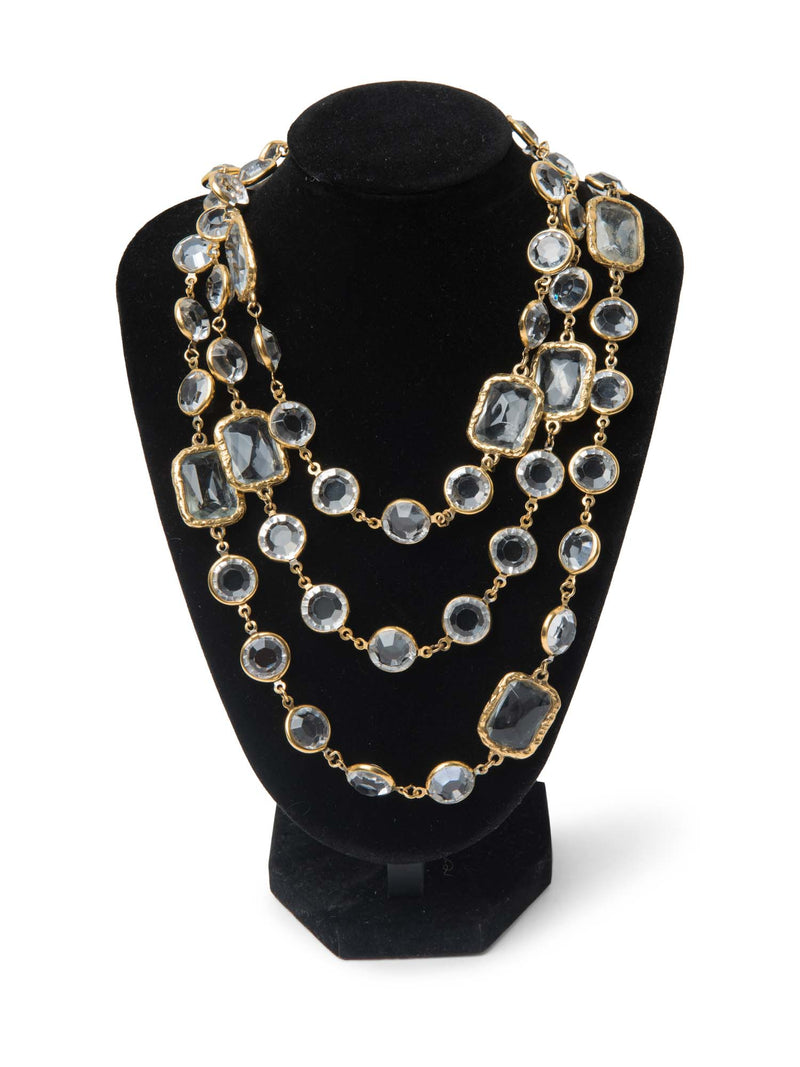 CHANEL 1981 24K Gold Plated Clear Cabochon Glass Long Necklace