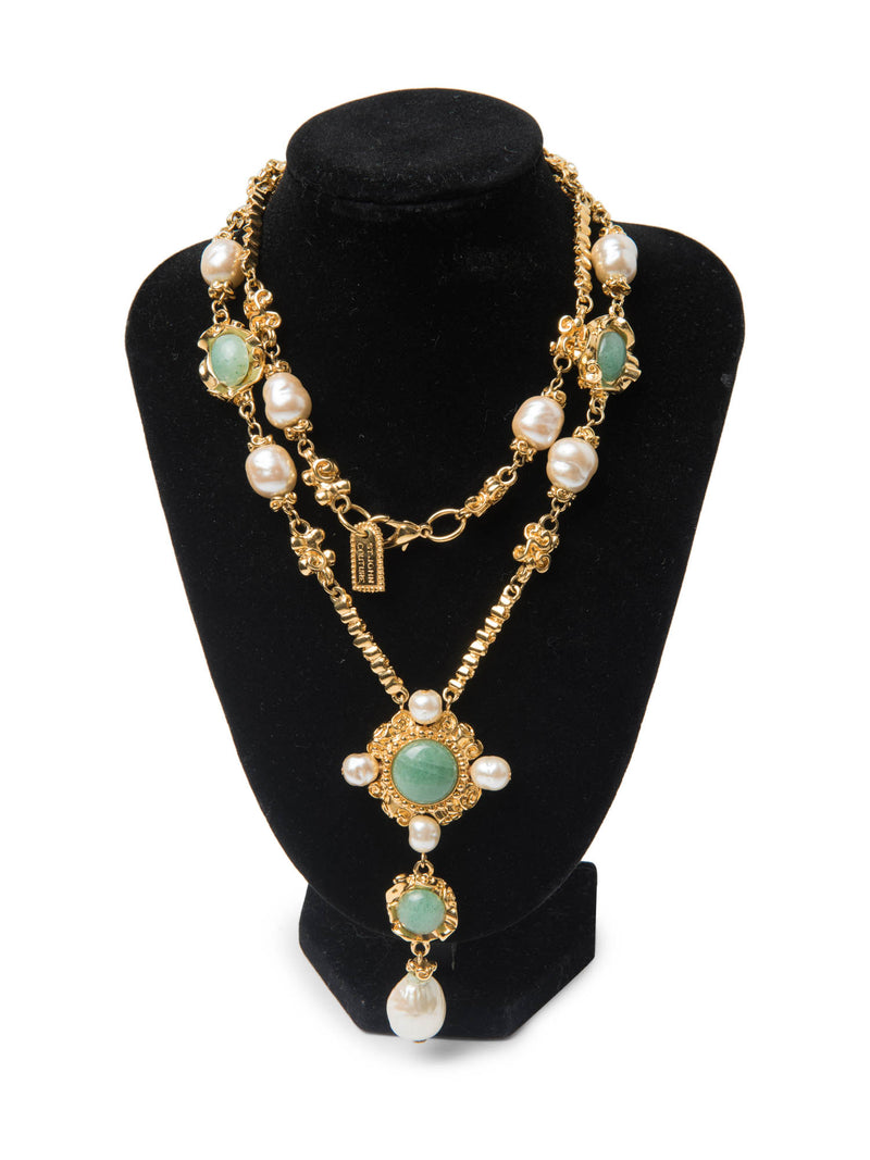 St. John Couture Gold Plated Faux Pearl Cabochon Necklace Ivory Green