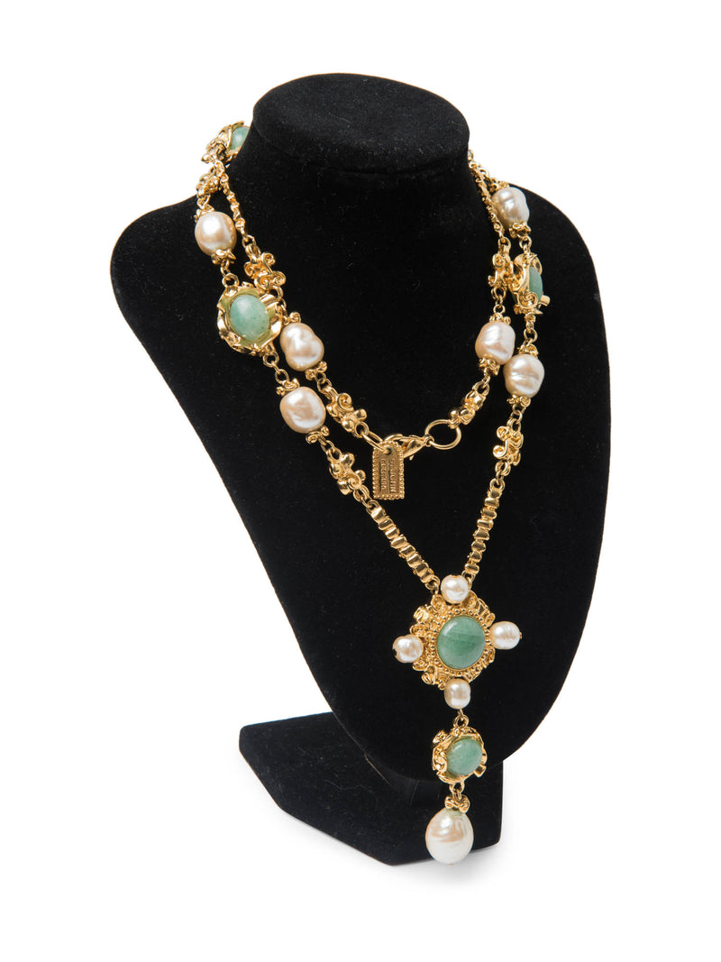 St. John Couture Gold Plated Faux Pearl Cabochon Necklace Ivory Green